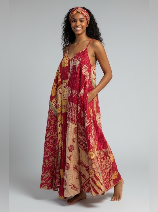 Handmade Dresses & Skirts - KANTHA OVERSIZED DRESS BOHO COMFY with pockets, Handmade Reversible One Size
